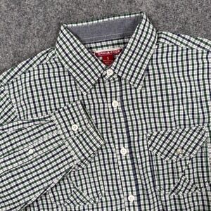 Raw Edge Shirt Small‎ S Green Blue Checkered Button Down  Elbow Patch  Men's